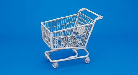 White shopping cart grocery store supermarket retail consumerism purchase trolley isolated object on blue background