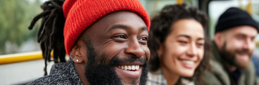 Smiling man with knit hat happy friends outdoor transit urban commute diverse group close up - Powered by Adobe