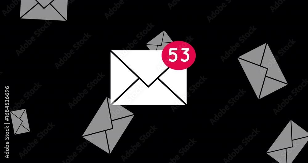 Poster animation of number of new emails and envelopes floating over black background