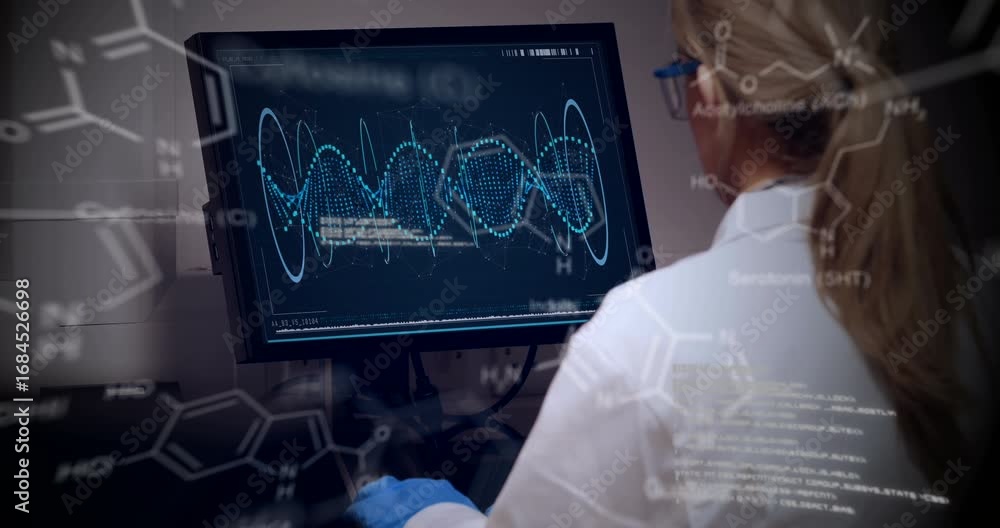 Poster animation of scientific data over caucasian female lab worker using computer