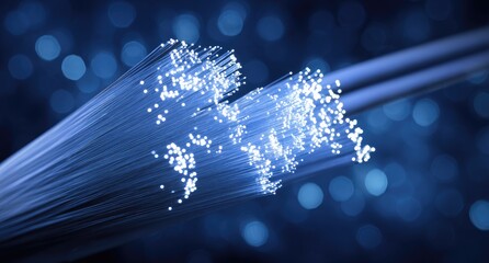 Fiber optic cable, world map shape, glowing light