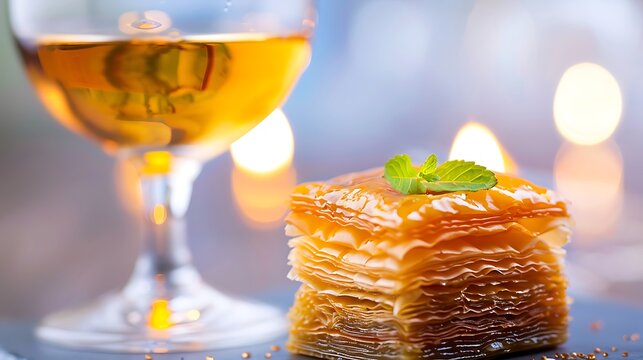 Golden baklava dessert with a glass of amber liquid