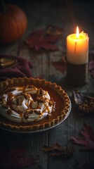 Naklejka premium canadian,whipped,candlelight,thanksgiving,pie,cozy,seasonal,dessert,cream,traditional,food,leaves,harvest,family,autumn,pumpkin,crust,celebration