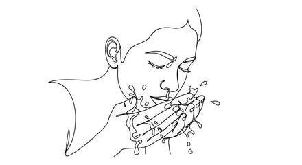 Minimalist line art of woman cleansing face, conveying purity and freshness, depicting skincare