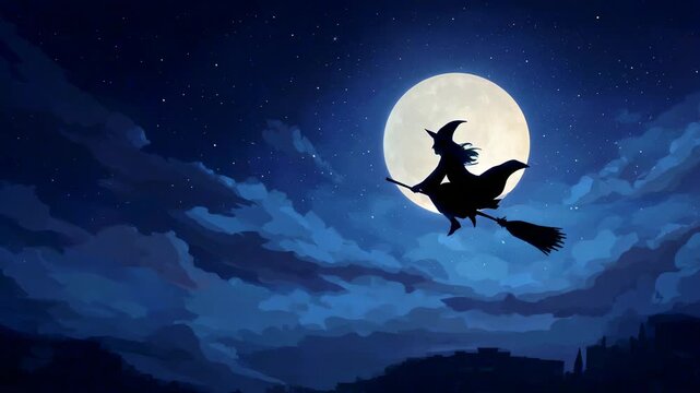 Animation of witch flying on broom under moon, night background for Halloween
