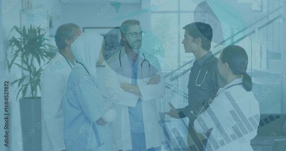 Poster animation of financial graphs and data over diverse medics talking
