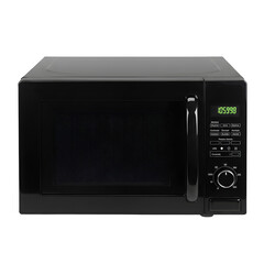Obraz premium Sleek modern black microwave oven, minimal design, isolated on white background, perfect for kitchen appliance product showcase and advertising.