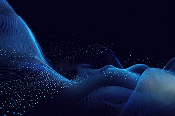 Abstract digital waves of light blue particles on dark background