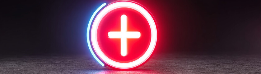 Obraz premium Neon medical cross sign glowing red and blue on dark concrete floor, dramatic lighting and modern emergency symbol conveying urgency and hope