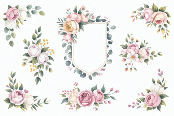 Watercolor floral collection of roses and peonies for wedding invitation isolated on white background