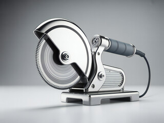Shiny metal cut off saw with a gray handle and cord on a light gray background with a subtle gradient