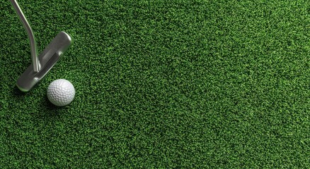 Golf putter and ball on artificial green