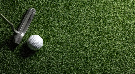 Golf putter and ball on green artificial turf