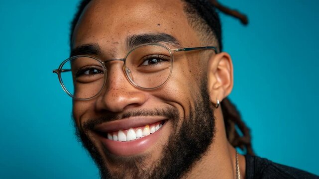 Handsome African American Man with Glasses Smiling Brightly Against Turquoise Background