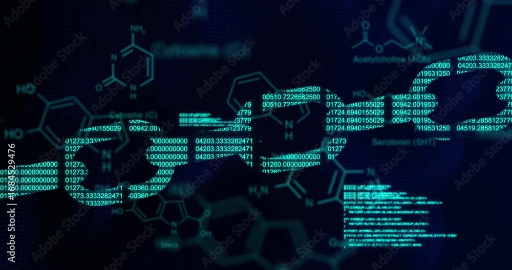 Poster animation of scientific data and block chain on black background