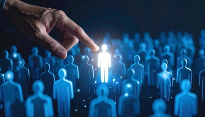 hand selecting glowing human icon from row of figures on dark background