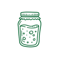 A simple green outline drawing of a glass jar filled with a bubbly liquid.