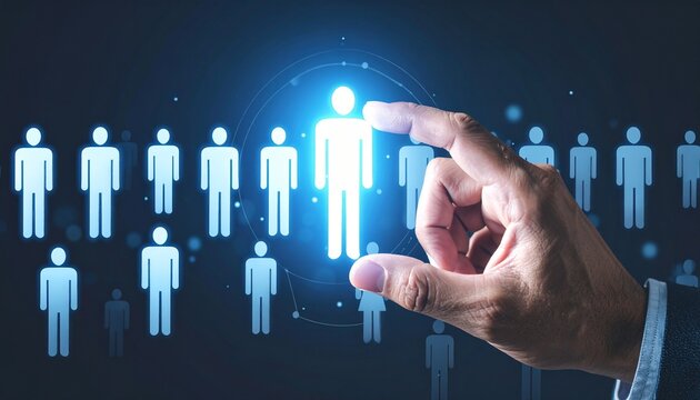 hand selecting glowing human icon from row of figures on dark background