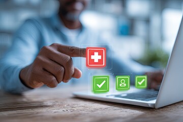 A person interacts with a holographic interface on a laptop displaying medical checkmark and person icons