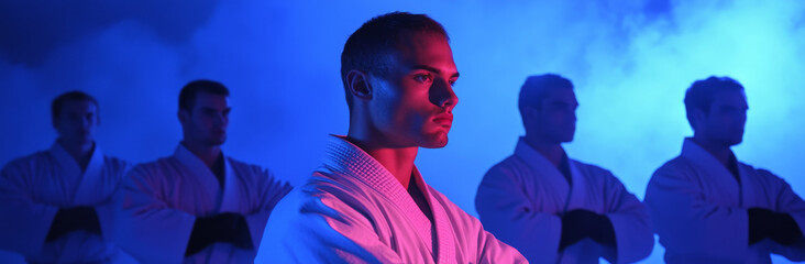 Young male martial artist focused in dojo with teammates in misty blue and red lighting, determined expression and crossed arms