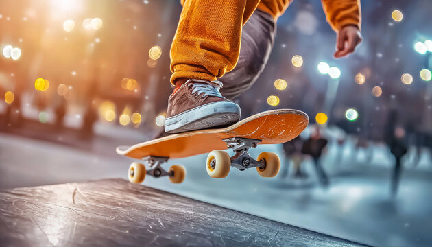 Young skateboarder performing jump trick at night with bokeh lights, urban action scene, energetic motion