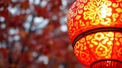 A vibrant red lantern with intricate golden patterns, glowing warmly against a soft-focus autumn leaves background.