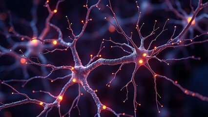 Glowing neuron network with magnesium crystals pulsing at synaptic junctions.