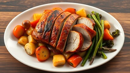 Roasted pork with seasonal vegetables on a white plate, presented with elegant and appetizing simplicity.