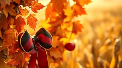 A black-red-gold ribbon wreath with autumn leaves, glowing in warm sunlight against a blurred wheat field.