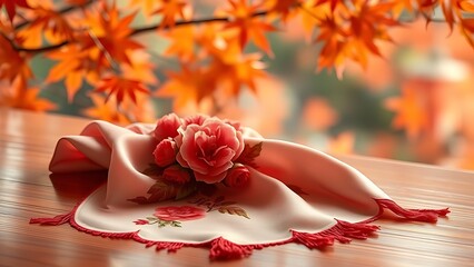 Silk scarf with peony embroidery in red and gold, draped over wood with autumn leaves in background.