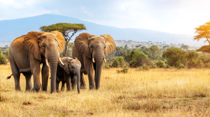 Obraz premium African elephant family walking across golden savanna at sunrise with distant acacia tree and mountain horizon