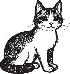 Cat Doodle Black and White Illustration Vector Image Cute Kitten Sketch Line Art Drawing Silhouette