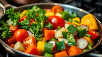 Fresh vegetables sizzling in a frying pan, vibrant colors under warm kitchen lighting.