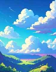 Obraz premium Colorful Hills and Fluffy Clouds Landscape Painting.