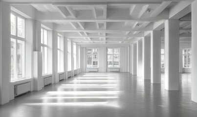 Empty white loft space with large windows and exposed beams