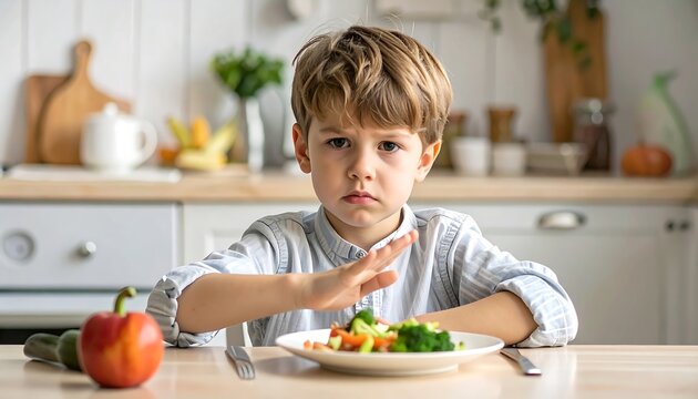 Young boy refusing a plate of vegetables in a kitchen setting, displaying a negative facial expression.