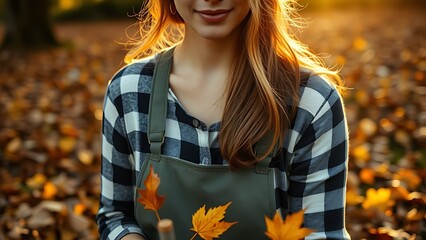 A female gardener surrounded by autumn leaves, holding a rake during golden hour, showcasing seasonal beauty.