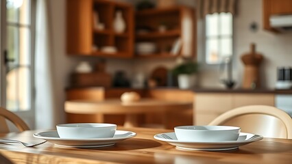 Warm kitchen scene with place settings for two, evoking a sense of simplicity and togetherness.