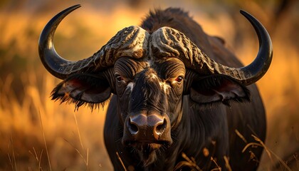 Naklejka premium Close-up of a powerful African buffalo, showcasing intricate details on its massive horns and intense gaze, bathed in the warm golden light of the African savanna.