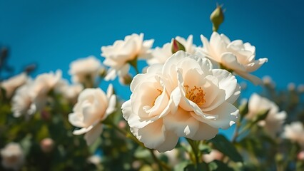White bush roses blooming under a clear blue sky, bathed in warm sunlight with soft focus background.
