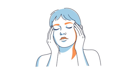 Stressed woman with headache depicted in minimalist illustrative style drawing