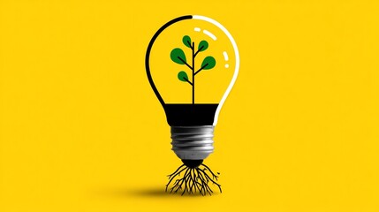 Growing ideas, sustainable solutions.  A lightbulb with plant roots, symbolizing eco-friendly innovation