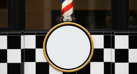A blank, round mirror with a classic barber pole frame hangs on a checkered wall in a vintage-style barbershop, a perfect mockup for a men's grooming brand.