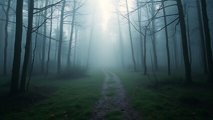 A misty forest path symbolizing life choices, bathed in soft morning light with a dreamy ambiance.