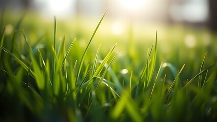 Lush spring grass field with soft focus, showcasing vibrant green tones in natural light.