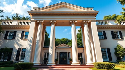An elegant residence with classical columns, framed by blue skies and lush greenery.