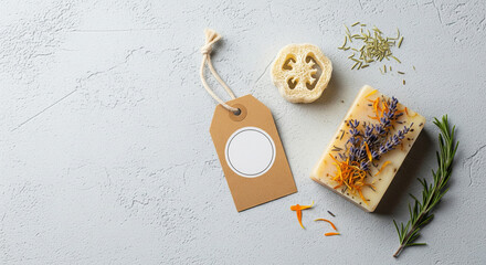 A blank, round paper tag is arranged with a bar of handmade, natural soap and a loofah, a rustic and eco-friendly beauty mockup.
