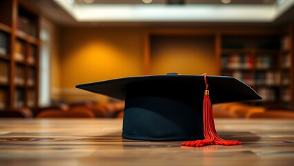 Graduation cap placed on a wooden surface with a subtle academic atmosphere.