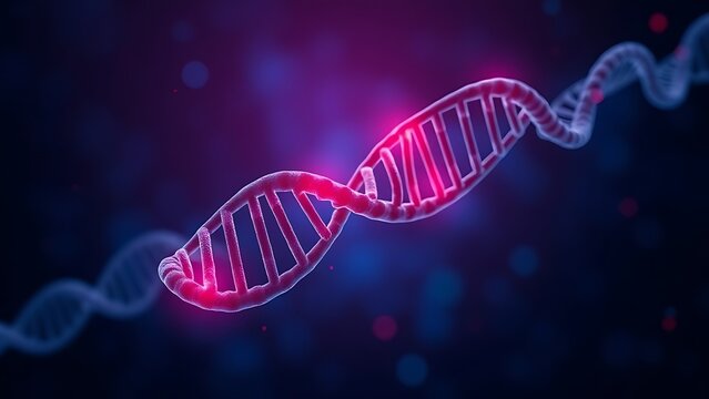 DNA double helix with glowing red hotspots against a deep blue background, highlighting genetic anomalies.