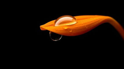A close-up of a vibrant orange flower petal with a glistening water droplet, showcasing nature's delicate beauty.